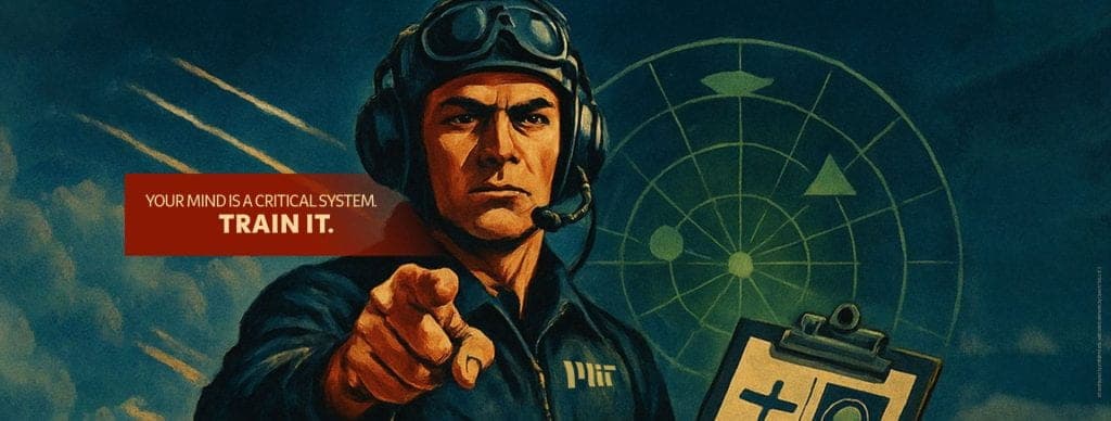 Confronting Unknowns program banner: an aviator in flight gear points at the viewer beneath a radar emblem, captioned: your mind is a critical system, train it.